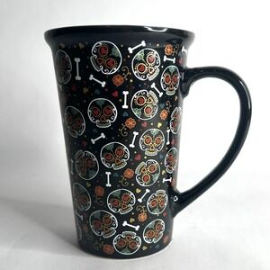 Boston Warehouse Day of the Dead Printed Black Coffee Mug 6" Tall Ceramic